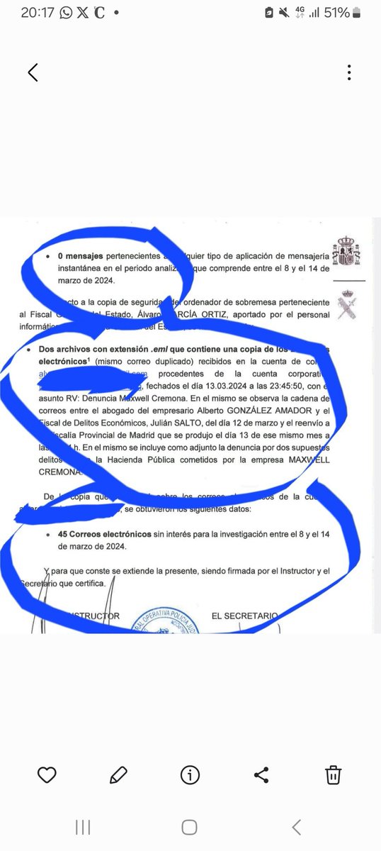 alfonsopmedina's tweet photo. Frente a la mentira, la verdad. La UCO en ningún momento dice que el fiscal general borrara mensajes. Se limita a describir escrupulosamente lo que ha encontrado: dos correos de entrada con el correo del novio de Ayuso, 45 de salida que no tienen nada que ver  y ningún Whatsapp https://t.co/B5VsM5ZzZL