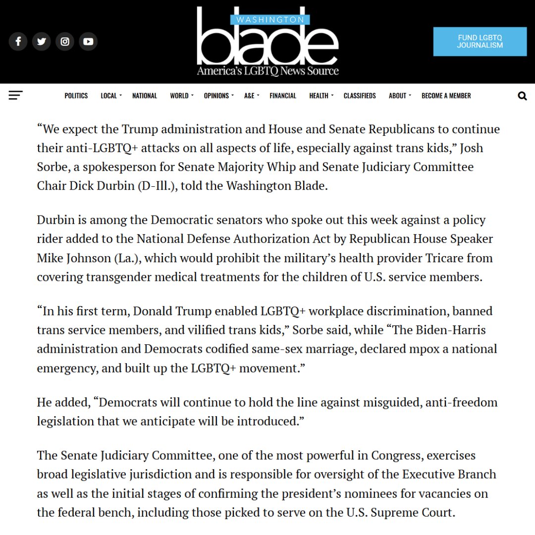Right at the top of the Washington Blade. Senate Democrats will NOT tolerate anti-LGBTQ extremism from Donald Trump or his enablers. 

✊🏳️‍🌈🏳️‍⚧️