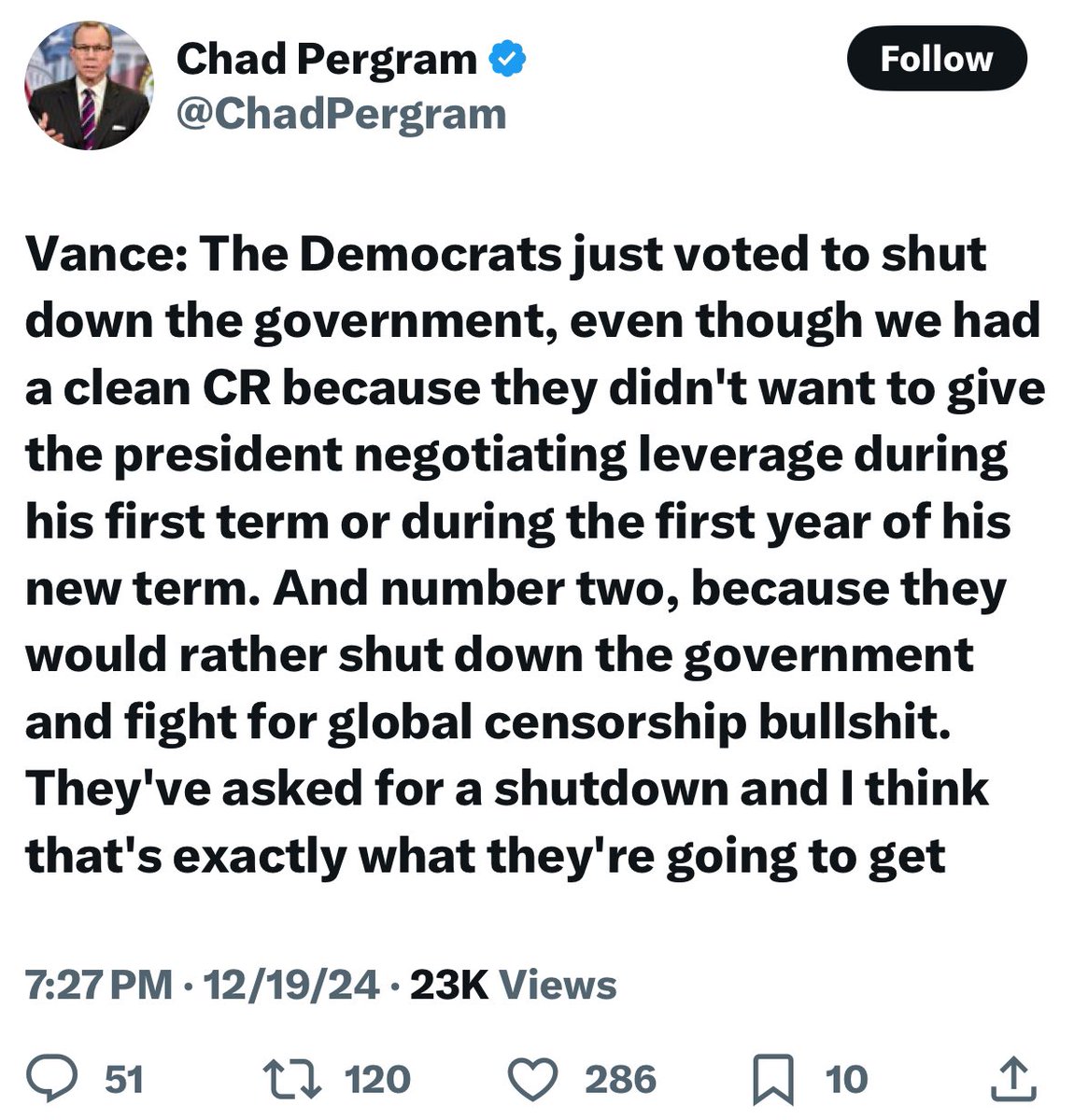 .<a href="/JDVance/">JD Vance</a>: Republicans have the majority and 38 of THEM also voted against the bill. You can blame Dems all you want. This shut down is all yours. And Trump’s. And President Musk’s. Enjoy!