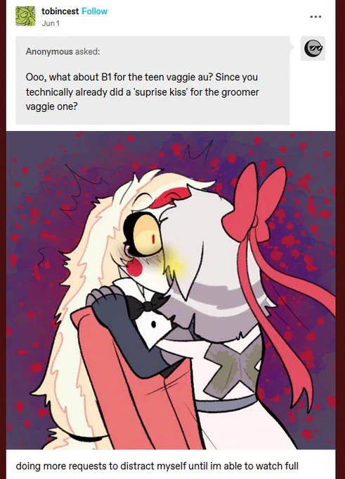 @Ballz4lyfe11 @Anne_BoleynsGF idk how to track em on twitter,but this is them on tumblr. i only noticed because they also post chaggie stuff. they have a third acct thats only chaggie(with no groomer AUs). im having trouble finding it among the ones i blocked but yeh. the nose and black blush is the give away 