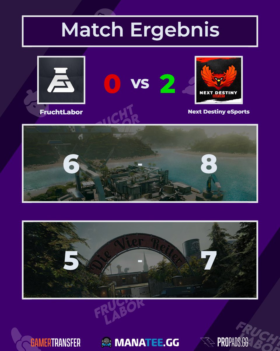 Leider müssen wir beide Maps und somit den ersten Spieltag an unsere Gegner abgeben. 
Dennoch waren es zwei ausgeglichene und knappe Maps, und wir schauen mit Zuversicht auf das nächste Game!🔥

GGs an Next Destiny eSports Main