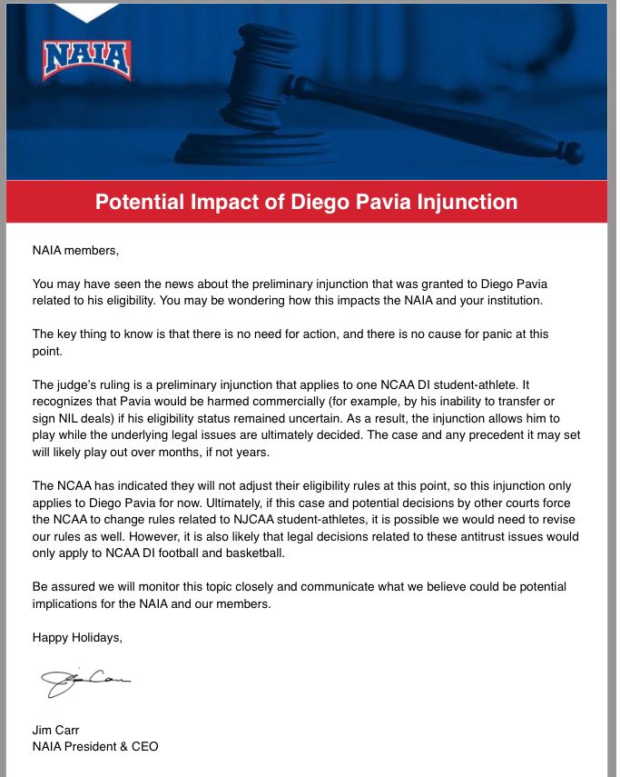 From the NAIA office...

Again.

This case only applies to 1 NCAA Student..Not all students.

I just had a kid text me and say he was going to wait to see how this affected him at JUCO right now.

SMH

Factual Information is what you need to understand. Not us typing on Twitter.