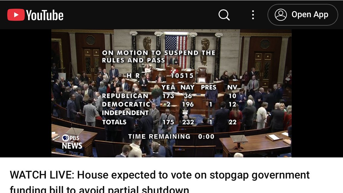 Republican majority seeks Democratic help to prevent government shutdown, then reneges on deal and fails to pass Trump substitute. Only 173 of 219 R’s vote yes on Trump bill.