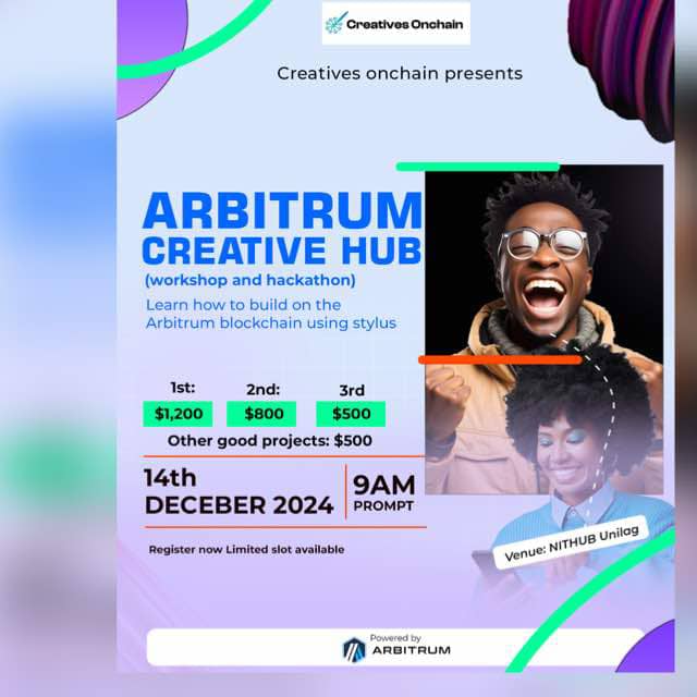 raytheedev's tweet photo. I recently attended the Arbitrum Creative Hub hosted by Creative Onchain, where I delved into the world of Web3 and Arbitrum. We secured *2nd place* in the bounty project! Check it out  (https://t.co/hsJDLGuiMh). 
Excited for the hackathon! LFG! 🔥 @NearxArt @arbitrum https://t.co/OTLOczRdBb