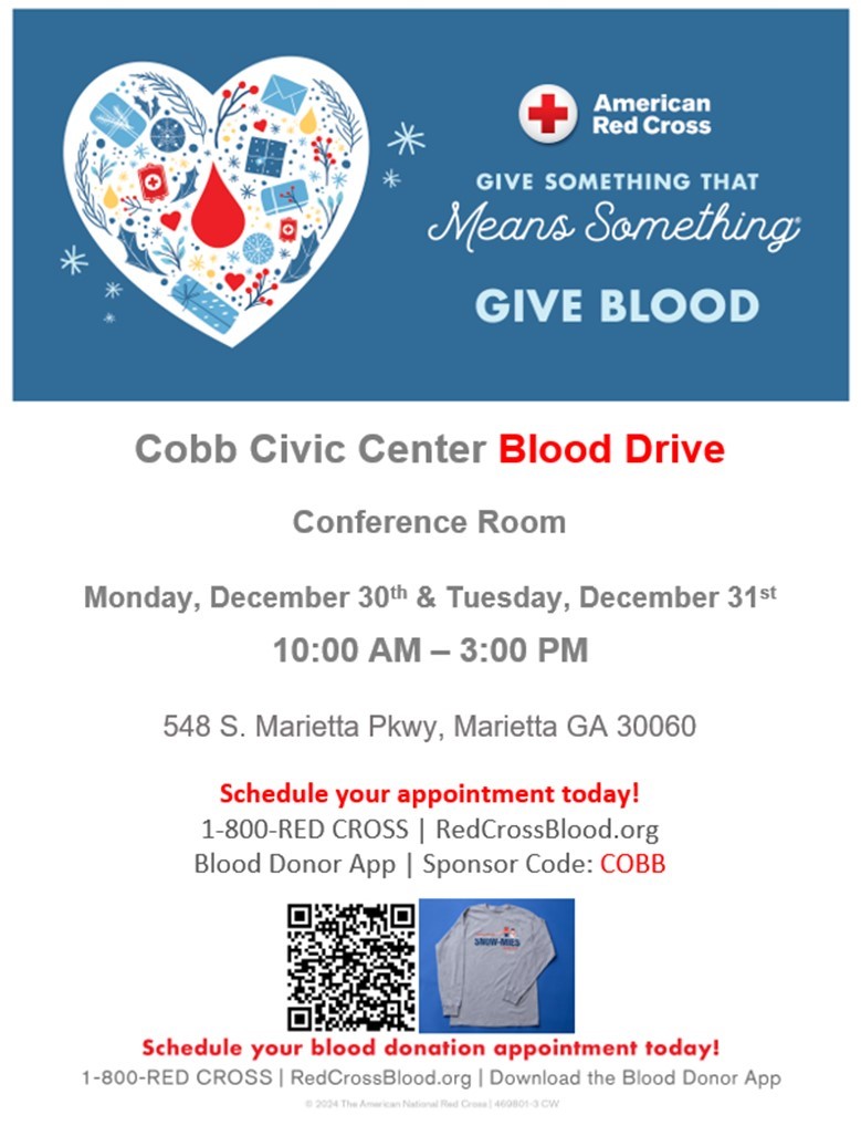 CobbCountyPARKS's tweet photo. Blood drive at the Cobb Civic Center Dec. 30-31. Be sure to schedule your appointment, info below. @cobbcountygovt https://t.co/w3wheDR9xe
