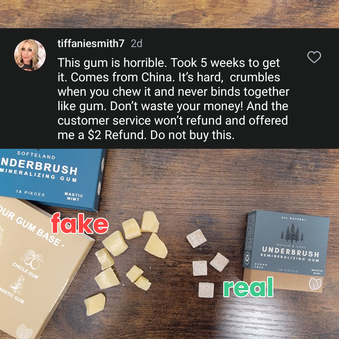 tryunderbrush's tweet photo. Nathan and Sons is the ONLY company selling Underbrush Remineralizing Gum, and you can only get it on TikTok or at https://t.co/N2VWscF2C5.
Over the last few months we've seen hundreds of fake companies and scammers trying to take advantage of our customers. No more please! https://t.co/H1buae06kk