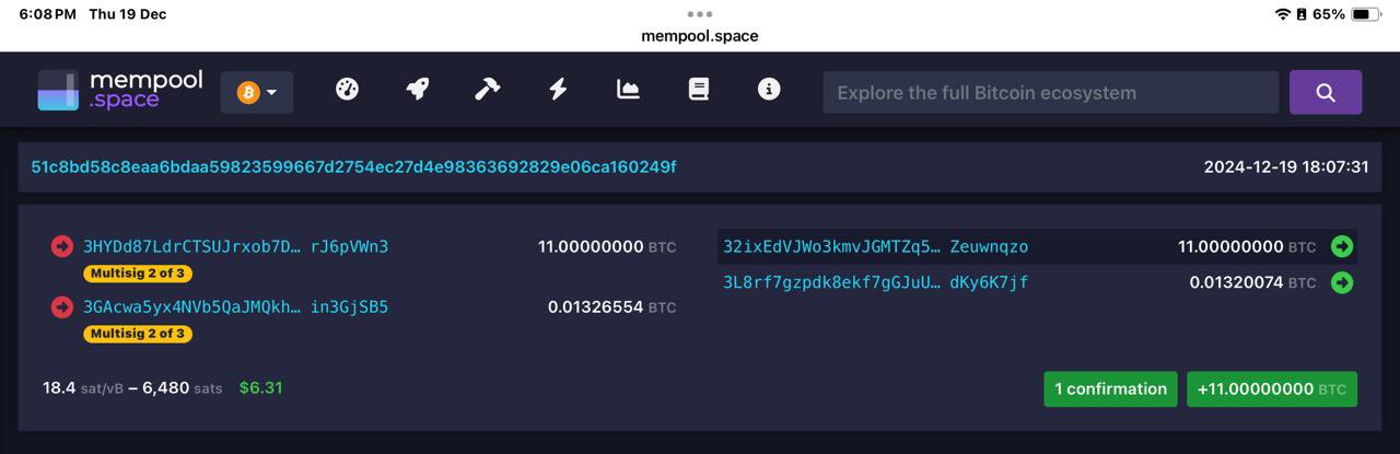 Capture d'écran de la dernière transaction en bitcoin du Salvador