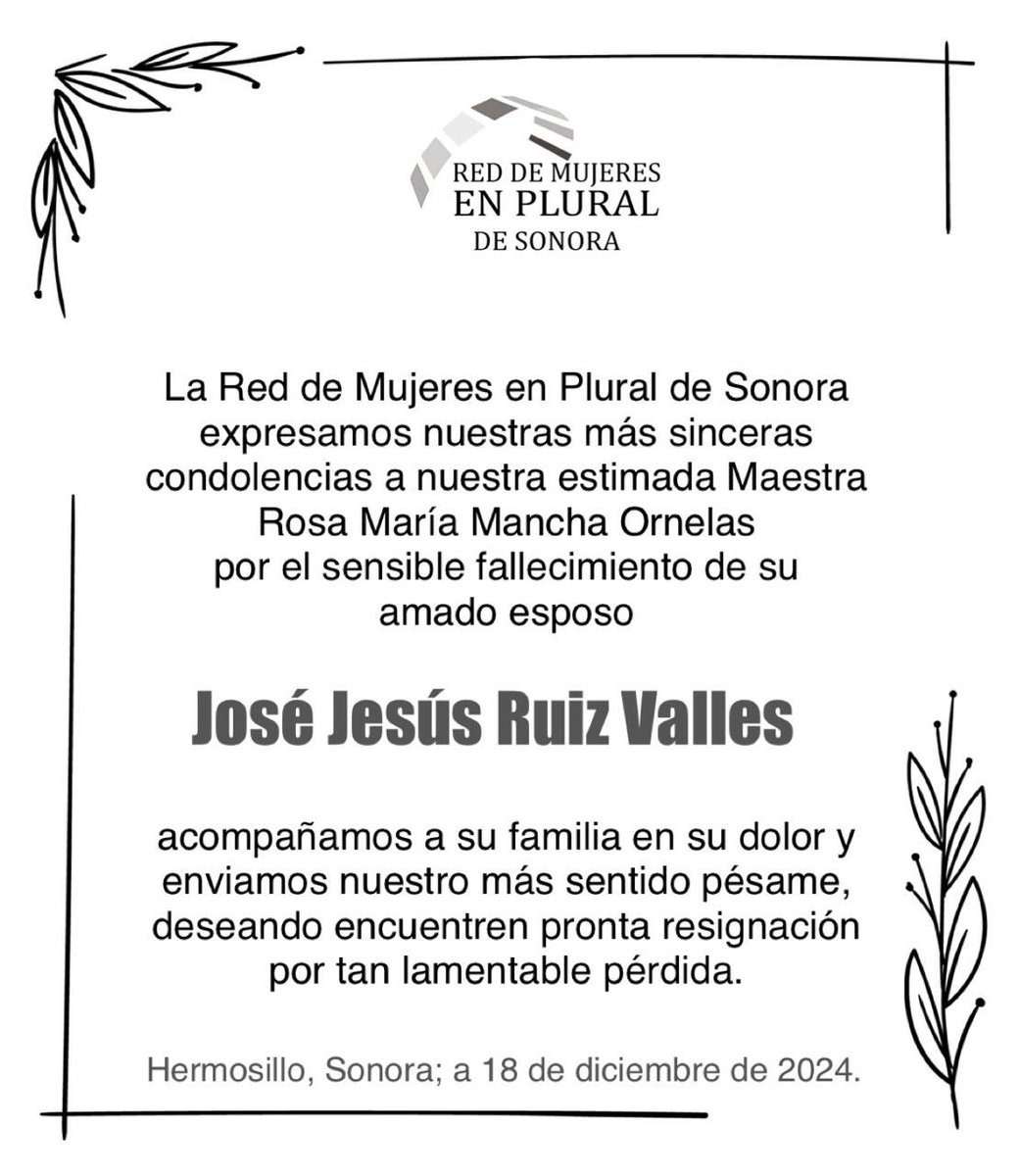 Con gran respeto, nos solidarizamos con nuestra estimada Maestra Rosa María Mancha Ornelas, deseando pronta resignación por su irreparable perdida.