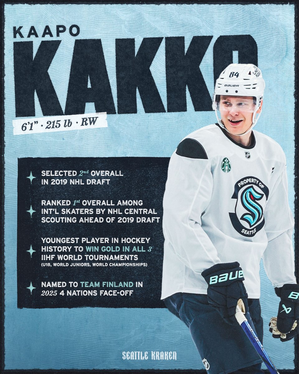 SeattleKraken's tweet image. Release the Kakko 🦑

Arriving in Chicago at 1am last night, big-bodied, high-potential winger Kaapo Kakko is set to make his #SeaKraken debut tonight vs the Blackhawks → bit.ly/Kakko24