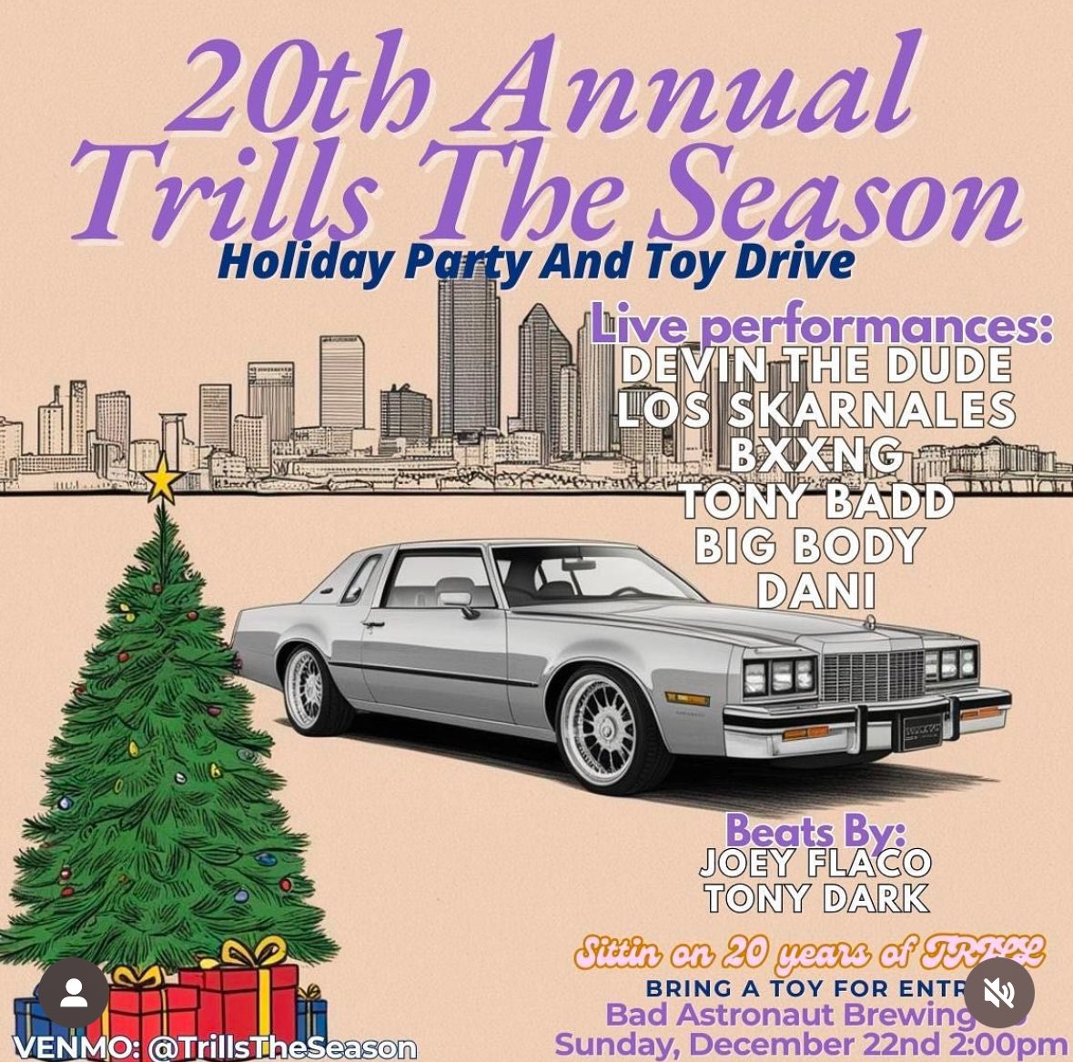 THIS SUNDAY HTX!

<a href="/losskarnales/">Los Skarnales</a> @ 20th Annual Trills The Season Holiday Party &amp; Toy Drive Sun.Dec,22nd @ Bad Astronaut Brewing w/ Devin The Dude &amp; more killer artist for an awesome cause!!

Event starts at 2pm &amp; we play @ 7:30PM

A new unwrapped toy/or a donation will get you in!