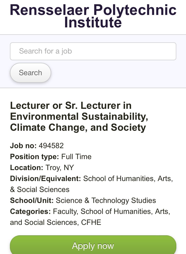 We’re looking for a teaching-track faculty member in the area of environmental sustainability, climate change, and society! 
Want to teach classes like “Environment &amp; Society,” “Community Engagement in a Changing Climate,” and “STS &amp; Sustainability Senior Project?” link below!