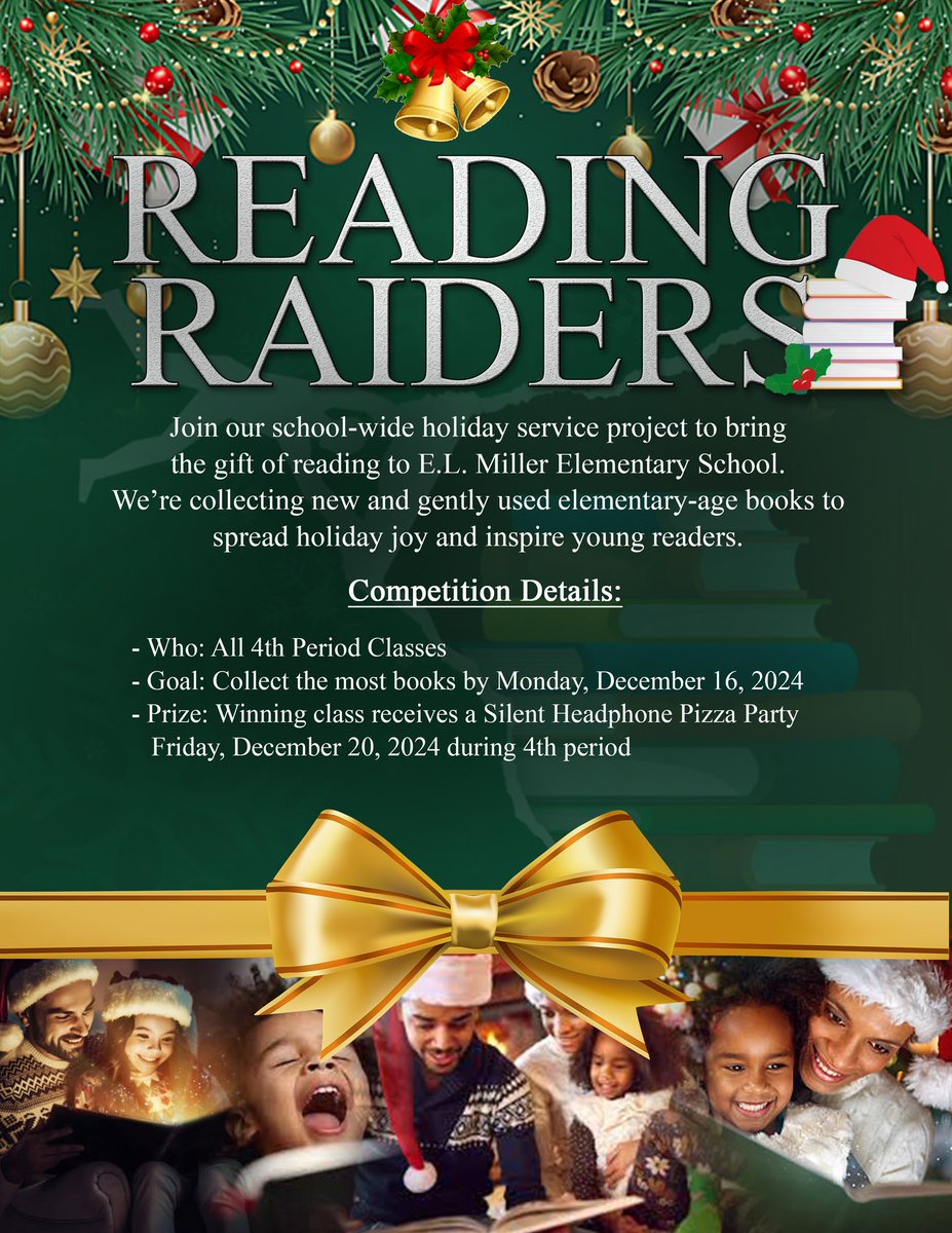 📚 Our 1st semester book drive was a success! 1,450 books donated to EL Miller Elementary. Congrats to Mr. Roth’s 4th period for donating the most—celebrating with a silent headphone pizza party! 🎉 Big thanks to Mr. Moore &amp; the Safe Center Ambassadors. <a href="/DCSD_HSArea/">DCSD - High School Area</a>