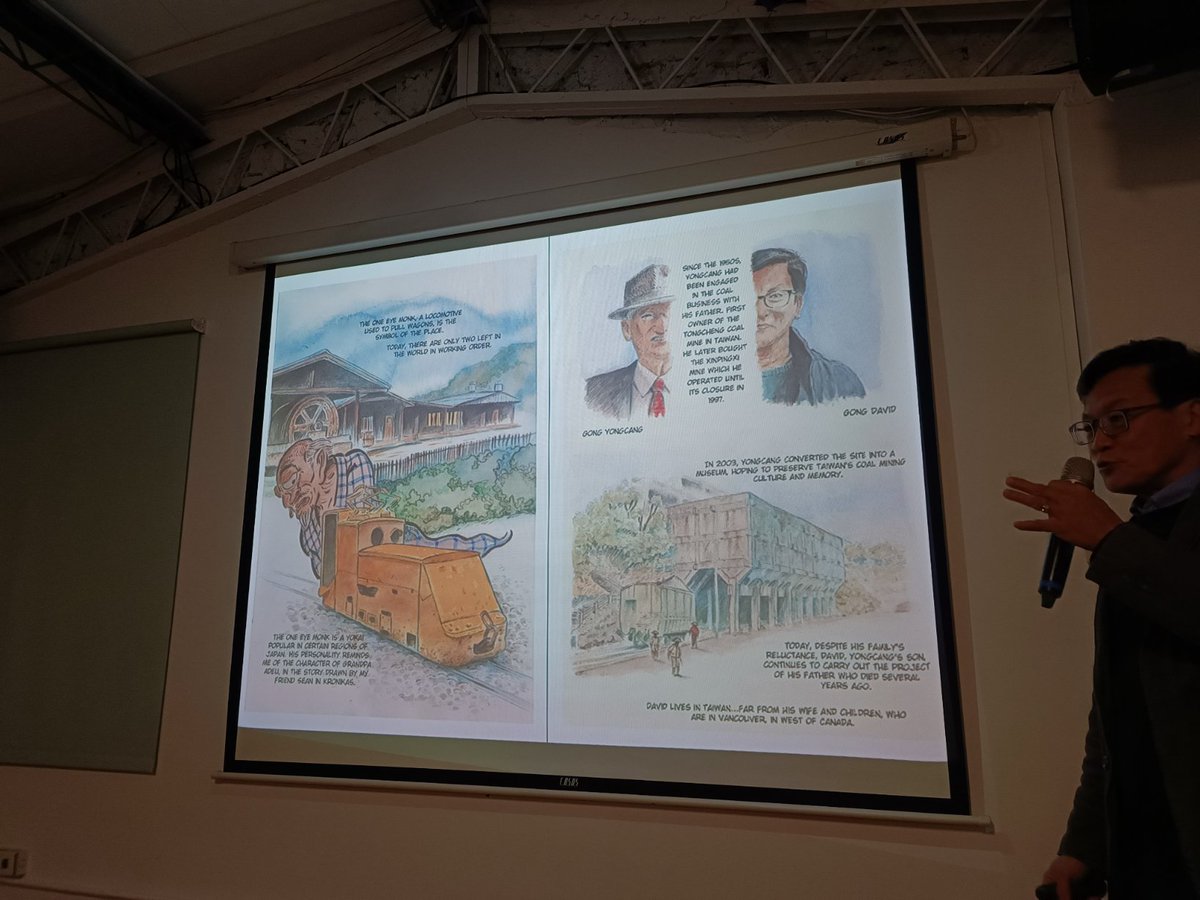 bananbe90's tweet image. Dimitri Piotという浮世絵スタイルの作風のベルギー人画家の話を聞いてきました。
日本の炭鉱を描いた山本作兵衛にインスピレーションを受け、炭鉱に関する絵も描いています。今年の2月に新平溪炭鉱博物館を訪れいくつか作品を作ったとのこと。