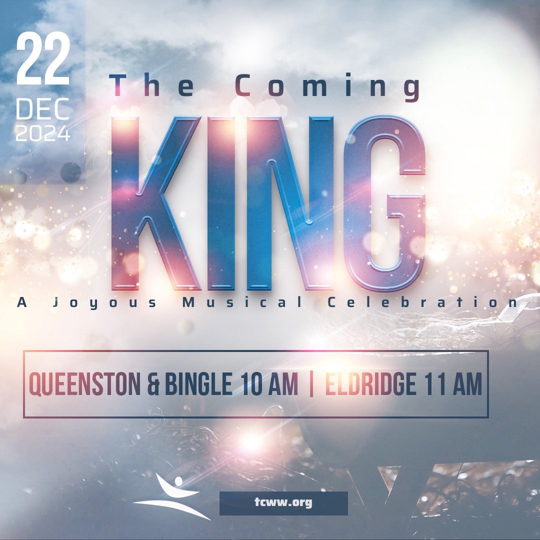 Church Without Walls (@tcwwhouston) on Twitter photo Join us for “The Coming King” Musical Presentation! 
Experience hope and joy this Christmas with the TCWW adult choirs, dancers, and church band!
🗓 Dec 22, 2024
⏰ 10 AM at Bingle & Queenston | 11 AM at Eldridge
Let’s come together to celebrate the promise of The Coming King! Join us for “The Coming King” Musical Presentation! 
Experience hope and joy this Christmas with the TCWW adult choirs, dancers, and church band!
🗓 Dec 22, 2024
⏰ 10 AM at Bingle & Queenston | 11 AM at Eldridge
Let’s come together to celebrate the promise of The Coming King!