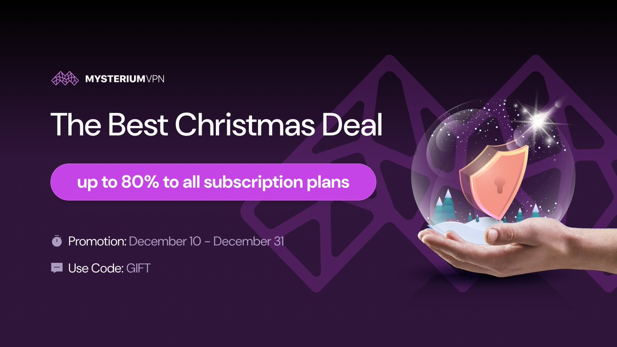 🎄 Don’t Miss Out on the Ultimate Holiday Deal! 🎄
Get up to 80% OFF on all Mysterium VPN subscription plans during our Christmas Sale! 🎁✨ 
🛡️ Stay secure, private, and stress-free online this season—protect your digital life today! 
🗓️ Offer ends December 31 
🎟️ Use Code: GIFT