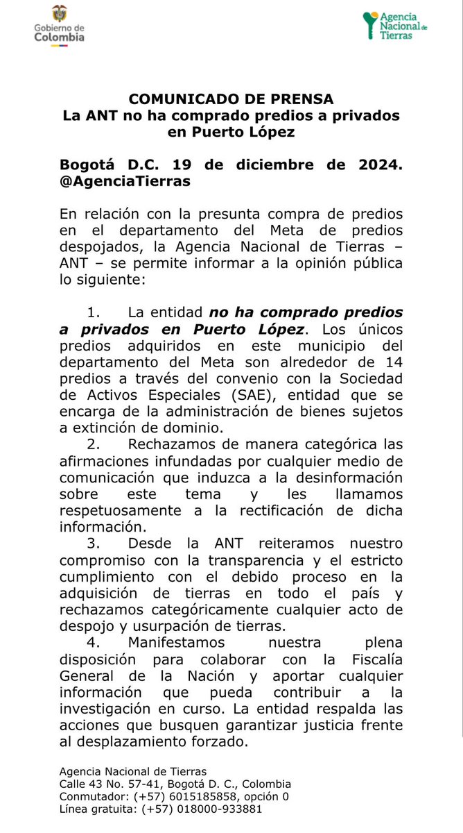 Desde la Agencia Nacional de Tierras, nos permitimos aclarar a la opinión pública que, la ANT no ha comprado predios a privados en Puerto López, Meta. 👇🏾