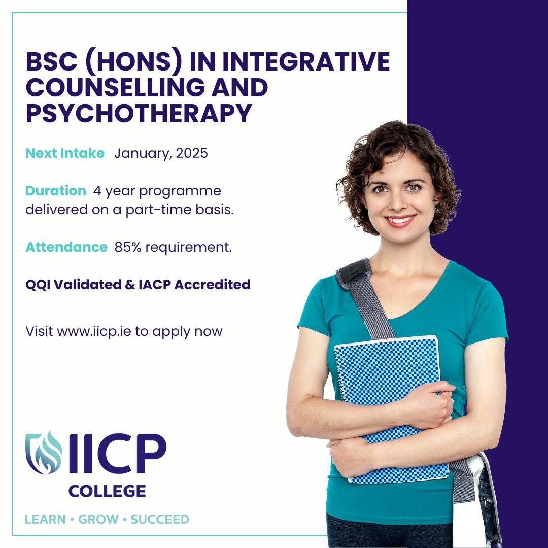 IICP_Education's tweet photo. Our four year BSc (Hons) Degree in Integrative Counselling and Psychotherapy is now open for applications for the January 2025 intake.
For more information π link in profile
#learning #therapycourse #counsellingtraining #counsellingandpsychotherapycourse https://t.co/9SbcMvaYwB