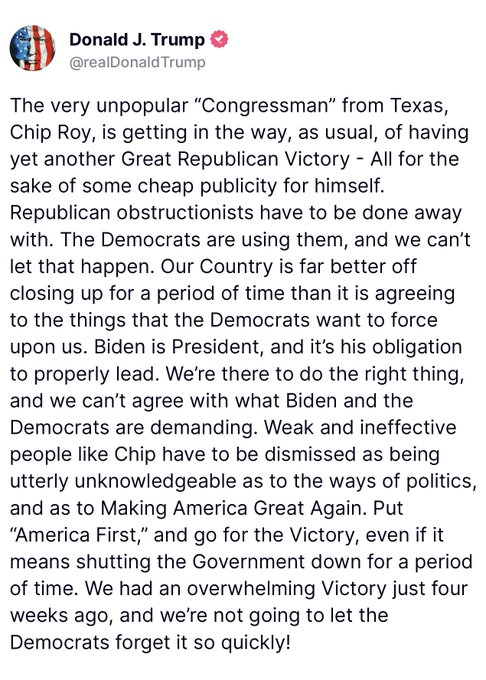 Breaking911's tweet photo. NOW: President-elect Trump is slamming Chip Roy because the Congressman doesn't support raising the debt ceiling. https://t.co/nU7pvBpQbk