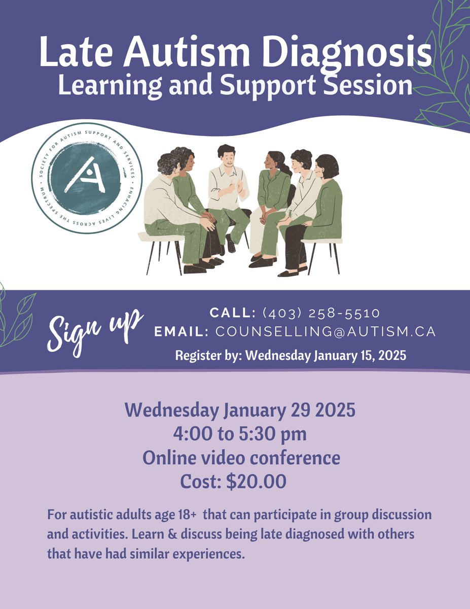 Autism_SASS's tweet photo. SASS is offering a learning and support session for individuals 18 and older who have experienced late diagnosis. Session will be virtual and is only $20. Please connect with counselling@autism.ca

#enhancinglivesacrossthespectrum #workshop #learningfromeachother #virtualsession https://t.co/G0ngmW8jxH