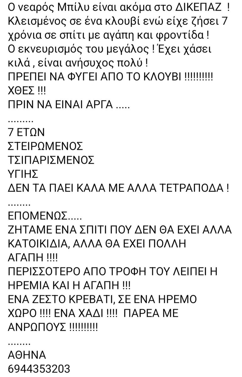 KatKatPt's tweet photo. 🆘️🆘️🆘️
Ο Μπίλυ είναι ακόμα στο ΔΙΚΕΠΑΖ 
Κλεισμένος σε ένα κλουβί ενώ είχε μάθει 7 χρόνια σε σπίτι
Έχει χάσει κιλά,είναι ανήσυχος,πρέπει να φύγει άμεσα από εκεί
Στειρωμενος,υγιής,τσιπαρισμενος,δν τα πάει καλά με άλλα ζωάκια
Ψάχνει ένα σπίτι που θα του δώσουν αγάπη
Rt🙏🙏🙏 https://t.co/3FucBjuFD2