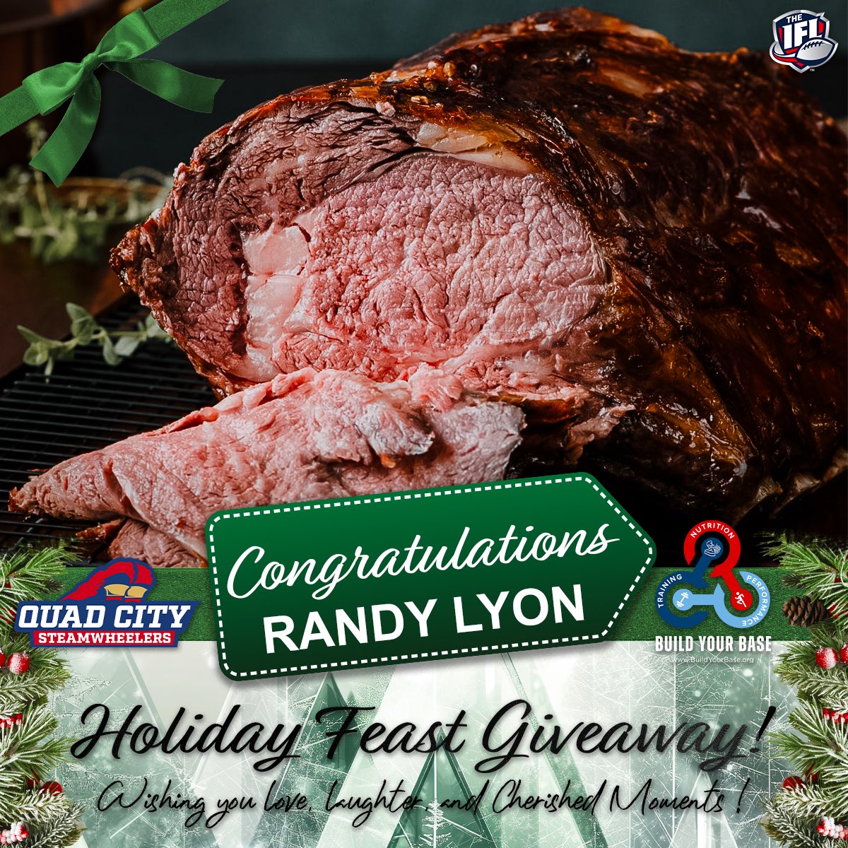 QCSteam's tweet photo. Congratulations, Randy Lyon! Your holidays just got a whole lot merrier—and tastier! A 6lb Prime Rib is on its way!  Courtesy of the Quad City Steamwheelers and Build Your Base! Enjoy every bite!  #IFL #BuildYourBase https://t.co/6JpWPxhNKx