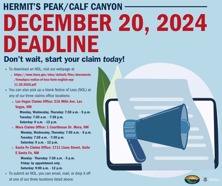 SBA_NewMexico's tweet photo. 📢 URGENT❗: —TOMORROW— December 20 #HermitsPeakCalfCanyon Fire 🔥 #FEMA Deadline for Notice of Loss Submissions!
🔗 https://t.co/aq8idnjPq6
🆘 Helpline: 505-995-7133
@NMFireInfo
@NMDHSEM
@NMDeptAg
@FEMARegion6
#FireRecovery
#NMFire
#NMWildfires
#CalfCanyonFire
#HermitsPeakFire https://t.co/1PcyypDnum