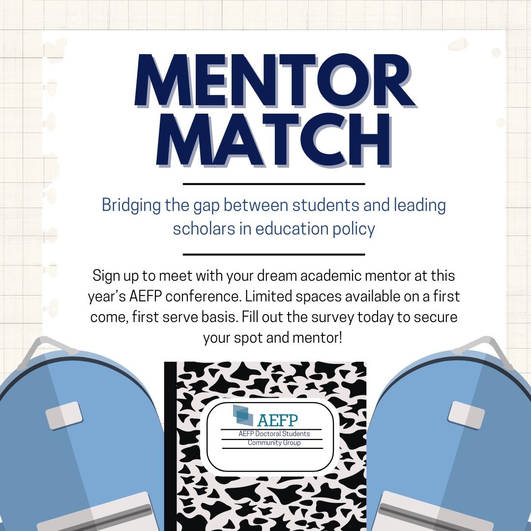 harris_k8's tweet image. Exciting opportunity for Graduate Students! Connect with leading education policy scholars at #AEFP2025 Mentor Match!
Limited spaces—secure your spot now. First come, first serve! Fill out the survey to meet your dream mentor.
Learn more: tinyurl.com/mpzsya34