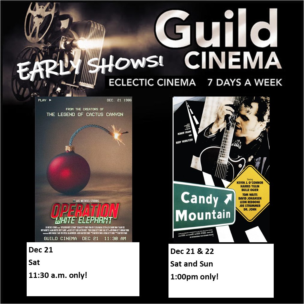 Saturday only - OPERATION WHITE ELEPHANT—locally made xmas holiday action comedy short with cast &amp; crew in person! Then on Sat &amp; Sun, check out CANDY MOUNTAIN - an Arthouse Classics pick, a newly restored 1987 Robert Frank &amp; Rudy Wurlitzer indie road movie!