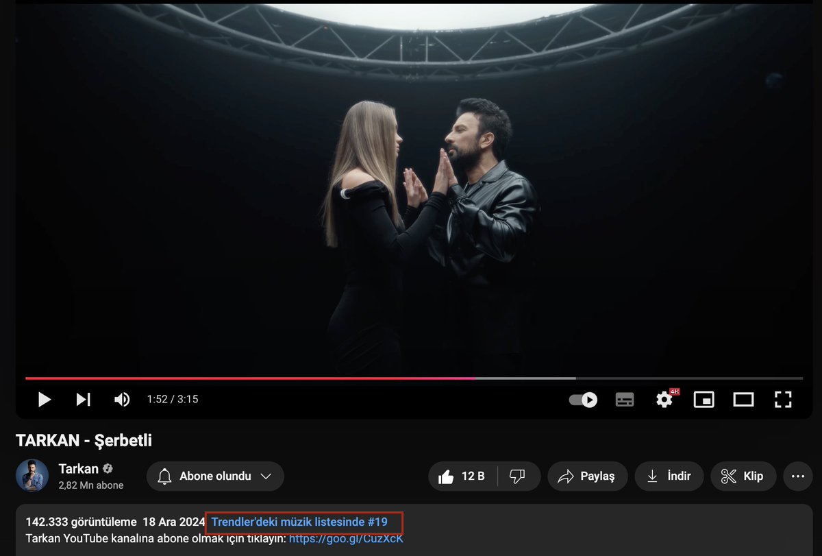 Çıktığı zaman uzun süre Trendler listesinde kalan #şerbetli klibiyle birlikte yeniden Youtube trendlere giriş yaptı. Bana göre son yılların en güzel şarkılarından biri, belki de son yılların en iyisi, emeği geçen herkesi kutluyorum. <a href="/tarkan/">Tarkan</a> <a href="/gunaycoban/">Günay Çoban</a> <a href="/TuracBerkay/">Turaç Berkay Özer</a> <a href="/muradkck/">murad kucuk</a>