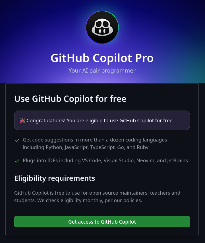 Happy to learn that I'm the maintainer of a popular project (probably #InfiniTime) on <a href="/github/">GitHub</a> and that I'm eligible to use #Copilot for free.

Has anyone already tried it? Do you find it useful?

I've never used such assistant for anything serious, so that's an honest question :)