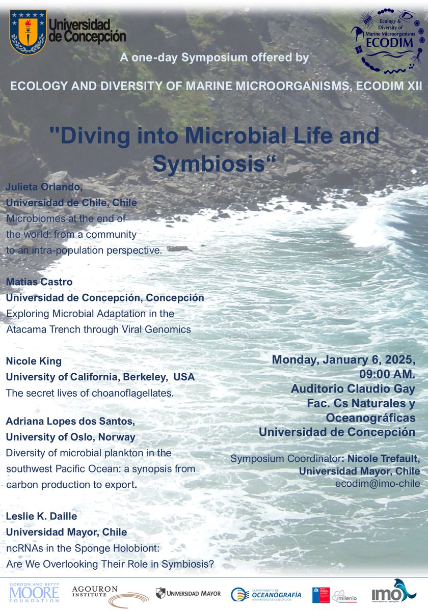 DOCEUdeC's tweet photo. Organizado por el Ecology and Diversity of Marine Microorganisms, @EcodimO, en su XII edición del curso internacional se realizará el Simposio "Diving into microbial life and symbiosis" el próximo lunes 6 de enero de 2025 en el Auditorio Claudio Gay de la FCNO. https://t.co/KGMSAfZv84