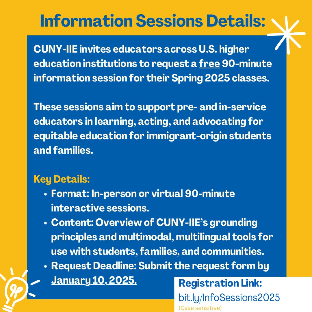 CUNY-Initiative on Immigration and Education (@cuny_iie) on Twitter photo 📣 Professors! CUNY-IIE offers FREE 90-min sessions for Spring 2025 education classes! 🎓 Learn tools & strategies to support immigrant-origin students & families.
📅 Request by Jan 10, 2025
📧 Questions? Contact snuonsy@gradcenter.cuny.edu
#CUNYIIE #ImmigrantEducation 📣 Professors! CUNY-IIE offers FREE 90-min sessions for Spring 2025 education classes! 🎓 Learn tools & strategies to support immigrant-origin students & families.
📅 Request by Jan 10, 2025
📧 Questions? Contact snuonsy@gradcenter.cuny.edu
#CUNYIIE #ImmigrantEducation