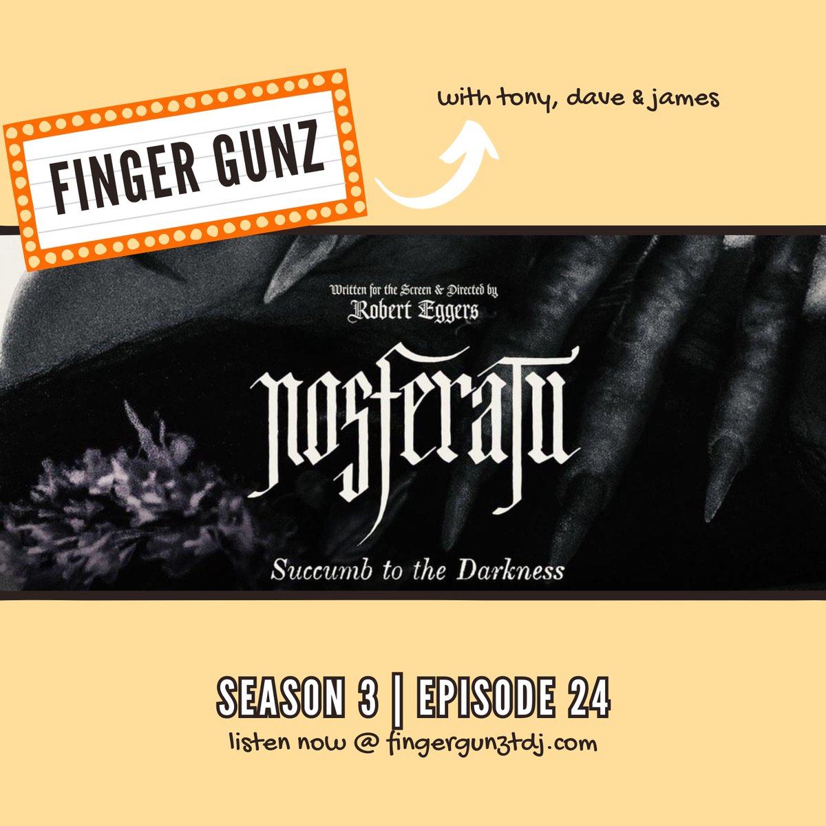 This week, the Boyz decided on an Aaron Taylor-Johnson double header, so listen in as they swipe left to avoid the wrath of KRAVEN THE HUNTER and then succumb to the darkness of NOSFERATU. Listen now! buff.ly/3DjLf7u #KraventheHunter #Nosferatu #FingerGunzPodcast