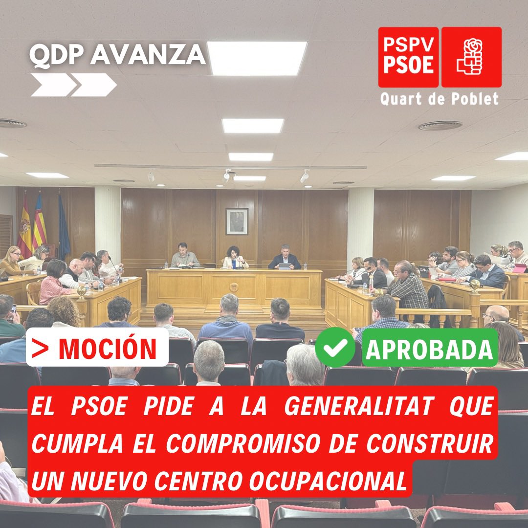 🔴 El PSOE pide a la Generalitat que cumpla el compromiso de construir un nuevo Centro Ocupacional y de Día en Quart de Poblet.

El Pleno del Ayuntamiento aprueba una moción nuestra en la que pedimos a Mazón que reafirme el compromiso de la Generalitat con el Centro Ocupacional y