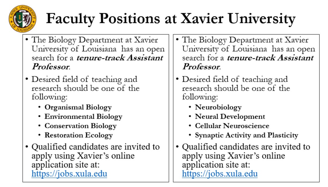 Mykel D. Green, PhD (@mykeldgreen) on Twitter photo Looking for a PUI tenure-track faculty position? <a href="/XULA1925/">Xavier Univ. of LA</a> is hiring and you should apply! <a href="/natblackpostdoc/">National Black Postdoctoral Association (NBPA)</a> <a href="/blackinxnetwork/">BlackInX</a> <a href="/BlackInNeuro/">Black In Neuro 🧠</a> <a href="/BlackInEnviron/">Black In Environment</a> <a href="/BlackinMarSci/">Black in Marine Science</a> Looking for a PUI tenure-track faculty position? <a href="/XULA1925/">Xavier Univ. of LA</a> is hiring and you should apply! <a href="/natblackpostdoc/">National Black Postdoctoral Association (NBPA)</a> <a href="/blackinxnetwork/">BlackInX</a> <a href="/BlackInNeuro/">Black In Neuro 🧠</a> <a href="/BlackInEnviron/">Black In Environment</a> <a href="/BlackinMarSci/">Black in Marine Science</a>