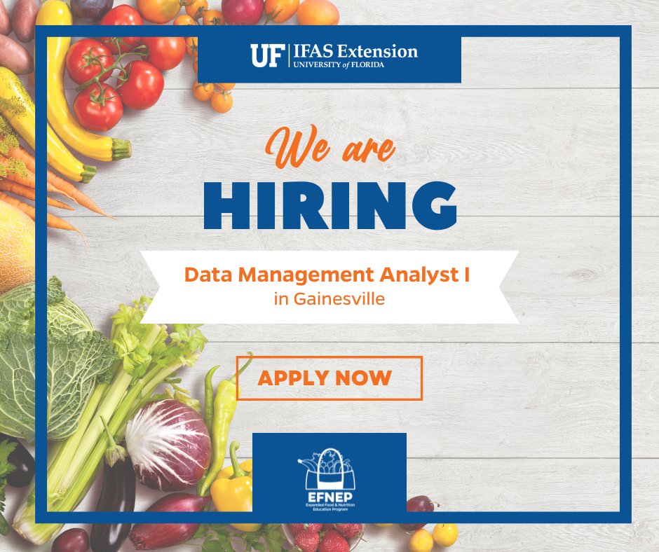 UFEFNEP's tweet photo. NOW HIRING!! The EFNEP Data Management Analyst I position is responsible for developing and maintaining databases used to track, analyze, and report on data collected across the program.
Apply https://t.co/Biv5CYRqV2 https://t.co/7eWHAHnmCN