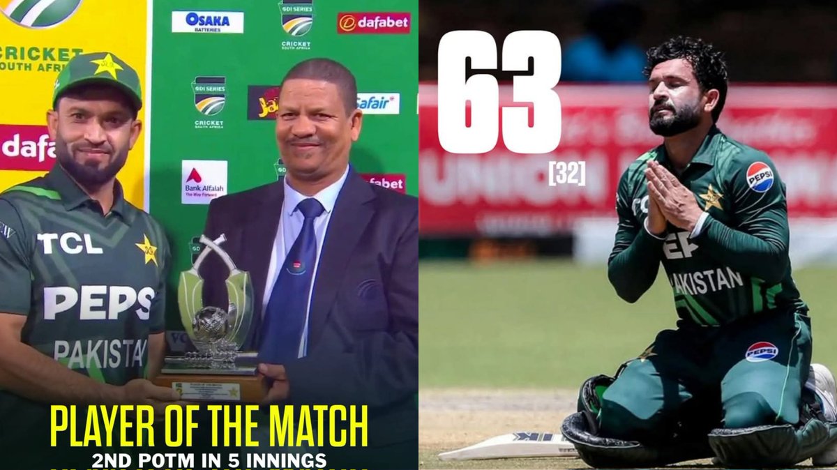 ahtashamriaz22's tweet photo. 63 runs off 32 balls for Kamran Ghulam and he win Player of the Match award. Very well deserved.
- 5 Innings in ODIs
- 2 Player of the Matches.

#PAKvsSA #SAvPAK https://t.co/xjpujsmHbH