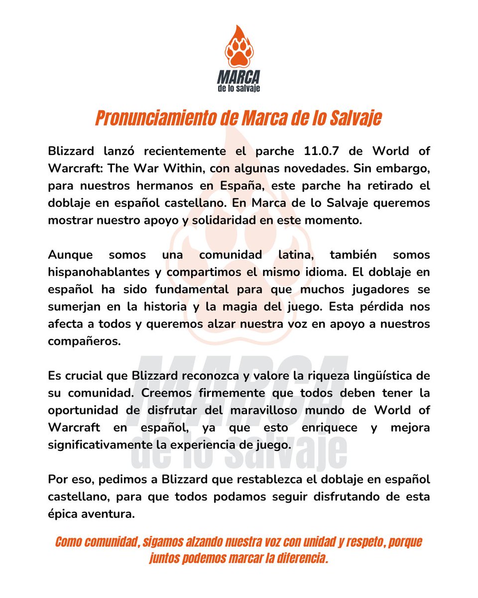 aztecgeekBlizz's tweet photo. En Marca de lo Salvaje, estamos con nuestros hermanos de España. Todos merecemos disfrutar de World of Warcraft en nuestro idioma. La diversidad enriquece nuestra experiencia de juego y nos une como comunidad. https://t.co/yyW2Ehaawh