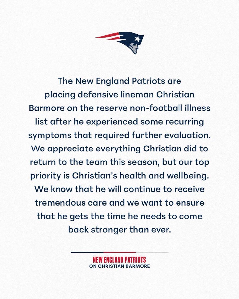 AdamSchefter's tweet photo. Patriots are placing defensive lineman Christian Barmore on the reserve non-football illness list after he experienced some recurring symptoms that required further evaluation. https://t.co/Ho4zROXOfl