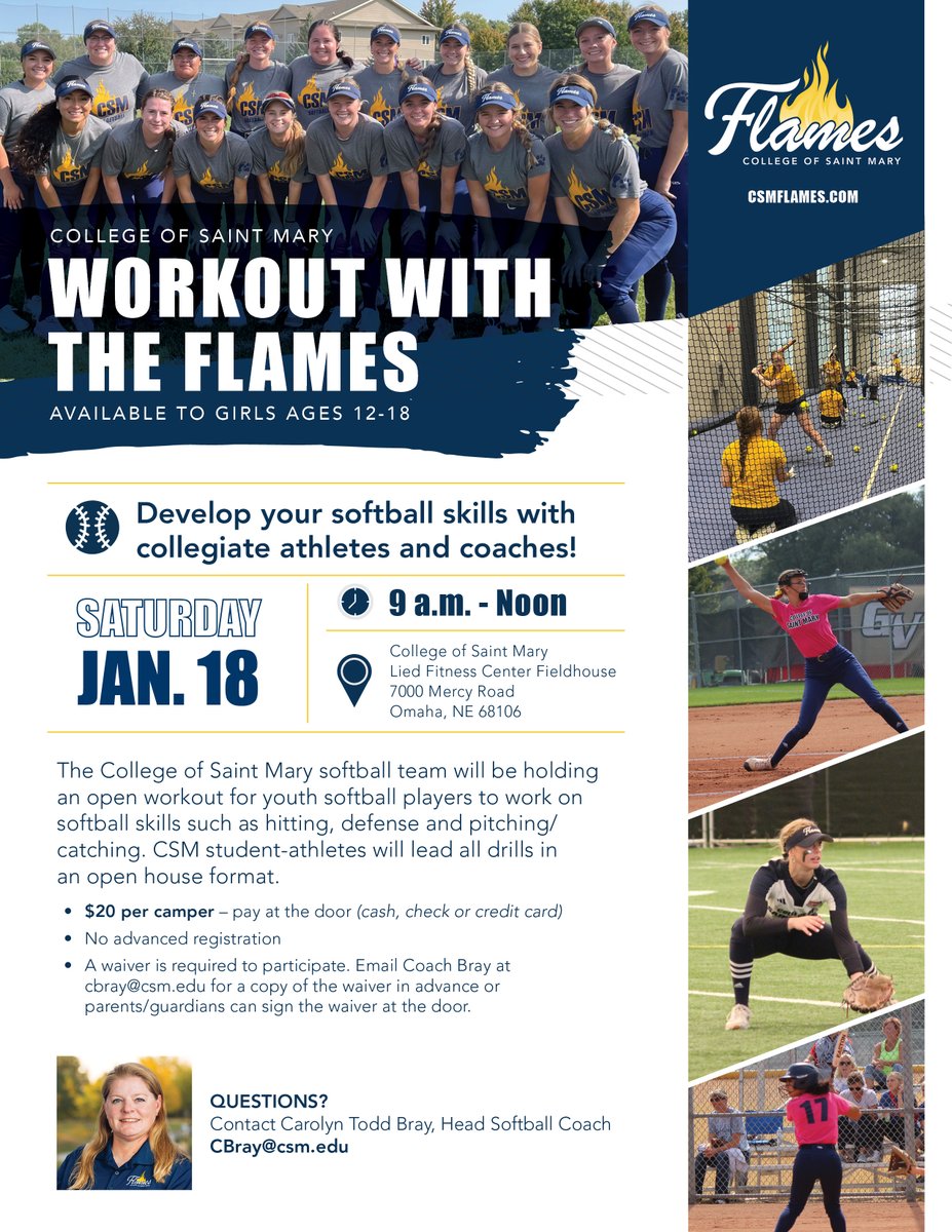 Workout with the Flames! The CSM softball team will be holding an open workout for youth softball players to work on skills such as hitting, defense and pitching/catching on Saturday, Jan. 18. CSM student-athletes will lead all drills. See more below!