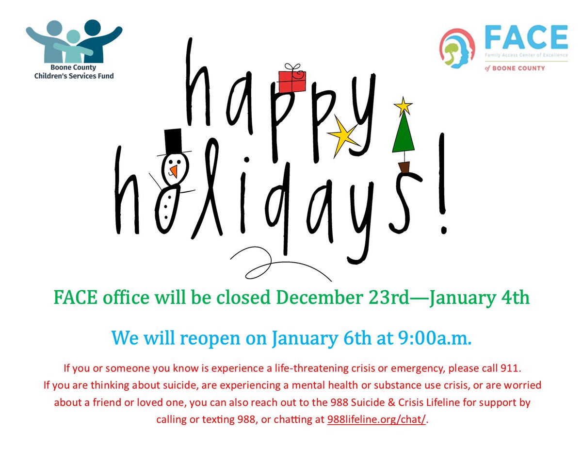 FACE of Boone County (@faceofboone) on Twitter photo The FACE office will be closed December 23rd through January 4th for Winter Break. Have a wonderful holiday and New Year <a href="/lookaroundboone/">Look Around</a> #holidayseason #holidaycheer #newyear #familytime The FACE office will be closed December 23rd through January 4th for Winter Break. Have a wonderful holiday and New Year <a href="/lookaroundboone/">Look Around</a> #holidayseason #holidaycheer #newyear #familytime