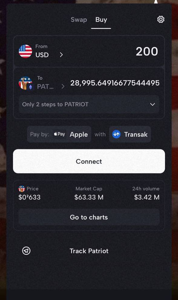 PURCHASE $PATRIOT with Debit/Credit/Apple Pay now Available ⚡️⚡️

You can now purchase $PATRIOT with just one click using the attached link on our website brought to
you by Flooz.Xyz - with Apple Pay, Credit Card, &amp; Debit Cards - $PATRIOT is now accessible to all