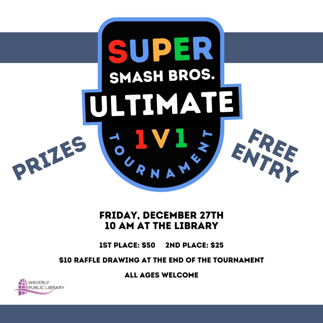 WaverlyLibrary's tweet photo. 🎮 1v1 Super Smash Bros Tournament at the Library! 🏆

Calling all Smash Bros fans! Get ready to battle it out at our upcoming tournament during the holiday break. https://t.co/TDP2sDkylC