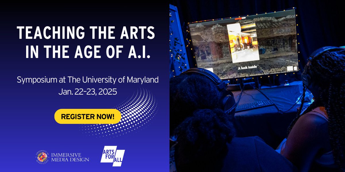 Join us at <a href="/UofMaryland/">Univ. of Maryland</a> January 22-23 for "Teaching the Arts in the Age of A.I: A Symposium," featuring keynotes, panels, performances and more. Learn more &amp; register: arts.umd.edu/teaching-arts-…
