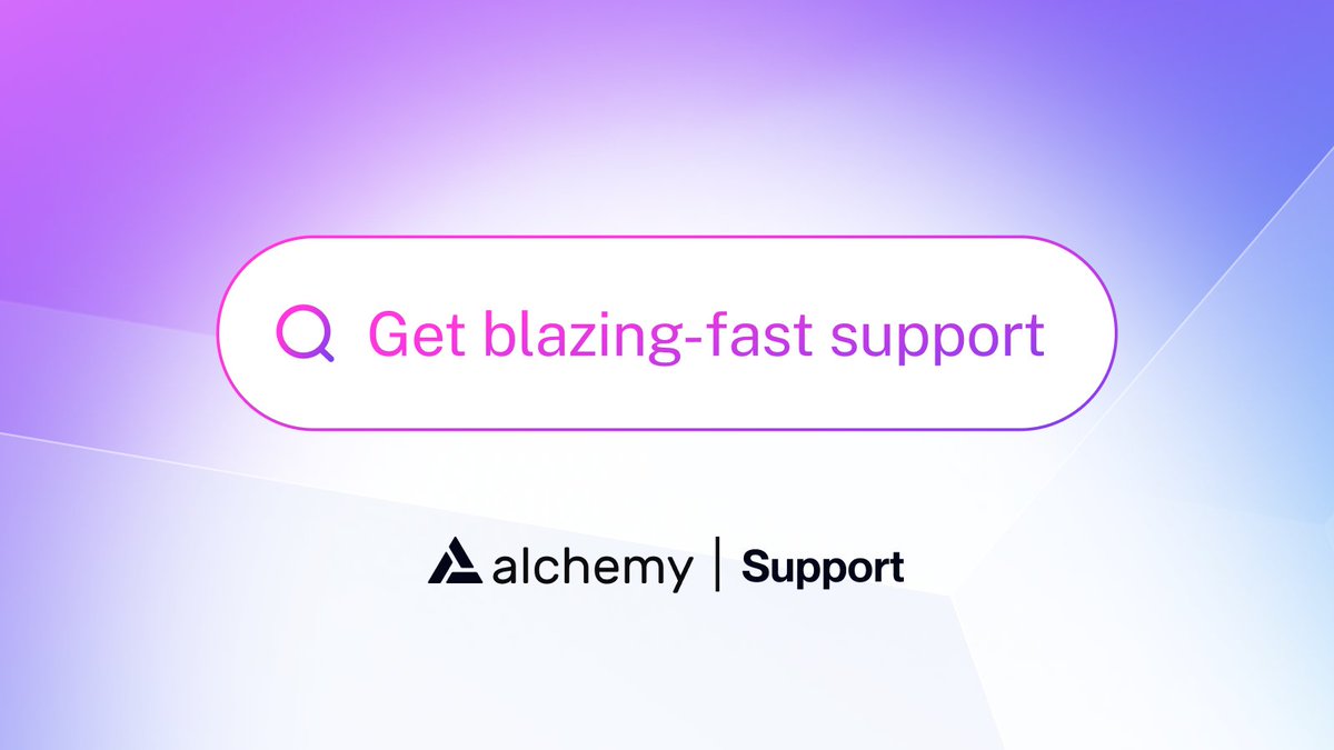 Alchemy's tweet photo. We built something new for our builders: instant support when you need it.

Introducing the ✨Alchemy Support Hub✨ 
- designed for devs who need answers, not waiting rooms.

What's inside:
- 100+ answers to FAQs
- Powerful search bar to find what you need in seconds
- One-click ticket creation for direct help
- Fresh resources maintained by our team

The Support Hub is live and we're just getting started! 👀

Get building faster: https://t.co/96YK9m5emL