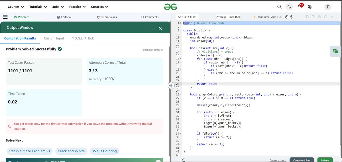 10__ishqa's tweet photo. Day 63 of #code 
Solved M-Coloring Problem
#CodingJourney #CodingChallenge https://t.co/cWY4ffCvo4