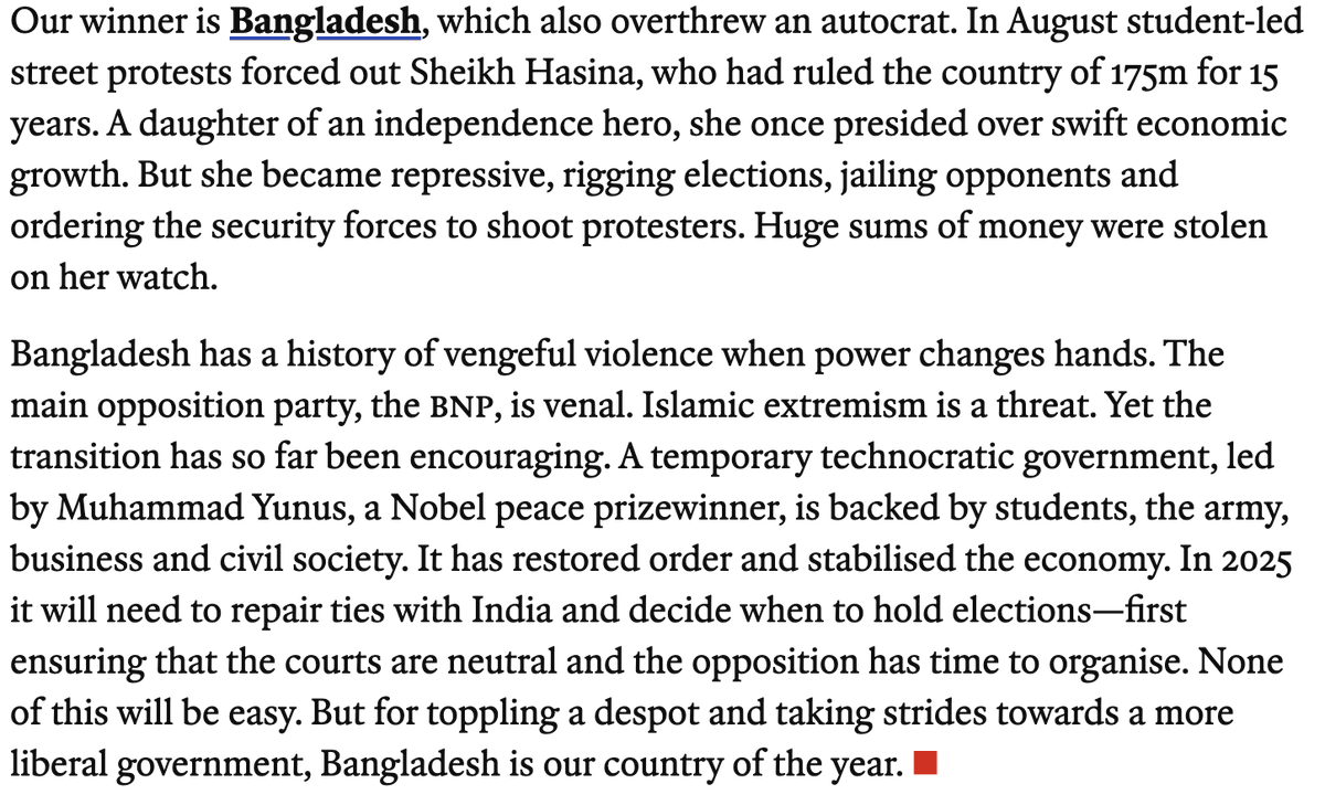David Bergman (@thedavidbergman) on Twitter photo This is fantastic.
#Bangladesh is <a href="/TheEconomist/">The Economist</a> "Country of the Year". Well deserved.
economist.com/leaders/2024/1… This is fantastic.
#Bangladesh is <a href="/TheEconomist/">The Economist</a> "Country of the Year". Well deserved.
economist.com/leaders/2024/1…