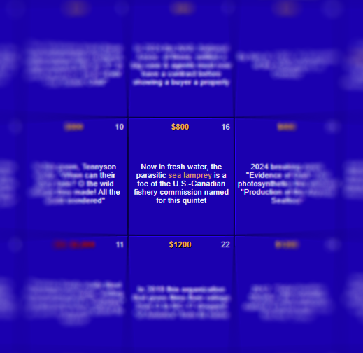 LampreyControl's tweet photo. #ICMYI Last night, an episode of @Jeopardy featured a familiar fish...the sea lamprey! "Now in fresh water, the parasitic sea lamprey is a foe of the US-Canadian fishery commission named for this quintet."
No one answered! 😮Would you have answered correctly? #sealamprey #GLFC https://t.co/wsIaJpn6dF