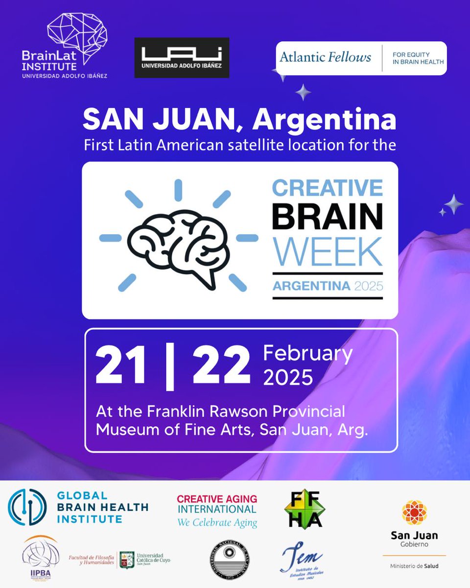 BrainLat UAI (@brainlatuai) on Twitter photo <a href="/CreativeBrainWk/">CreativeBrainWeek</a> is coming to Latin America! 🧠🎶
📍 Feb 21-22, 2025 | San Juan, Argentina
Day 1: Expert conference 🌎
Day 2: Workshop for music educators + music festival 🎵
🎓 Certificates included | Simultaneous translation 🗣️
📢 Registration opens soon!
#artandhealthcare <a href="/CreativeBrainWk/">CreativeBrainWeek</a> is coming to Latin America! 🧠🎶
📍 Feb 21-22, 2025 | San Juan, Argentina
Day 1: Expert conference 🌎
Day 2: Workshop for music educators + music festival 🎵
🎓 Certificates included | Simultaneous translation 🗣️
📢 Registration opens soon!
#artandhealthcare