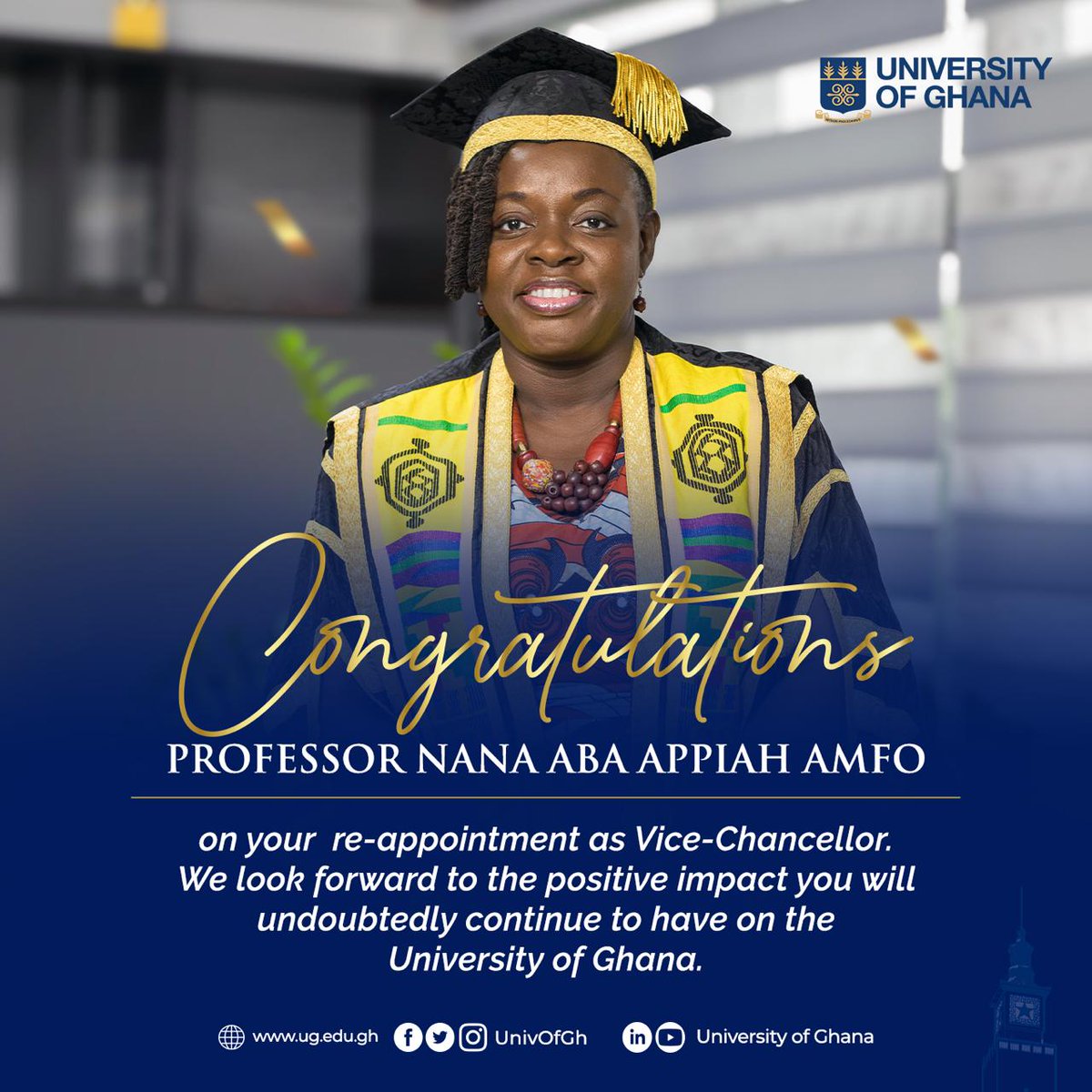 The University of Ghana is delighted to announce the re-appointment of Prof. <a href="/aba_amfo/">Nana Aba Appiah Amfo</a> as <a href="/UnivGh_VC/">Vice-Chancellor, University of Ghana</a>, for a second four-year term, starting in October 2025.

Read more: bit.ly/ProfAmfoReappo…

#IntegriProcedamus
